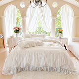 4/6Pcs White Pink Sweet Princess Wedding Bedding Sets Luxury Chiffon Lace Ruffle Duvet Cover Set Bedspread Bed Skirt Pillowcases