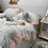 Ins Princess Bedding Set Latticed Simple Elegant Skirt Bed Sheet Set With 2 Pillowcases Queen Size For Women Teens Bedcloths
