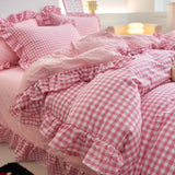 4 Piece Pink Plaid Duvet Cover Set, 100% Polyester Soft and Breathable Bedding, Suitable for Bedroom, All-Season Use