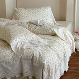 Vintage French Lace Edge Flowers Print Bedding Set 100% Cotton Double Yarn Duvet Cover Flat/Fitted Bed Sheet Pillowcases 4Pcs
