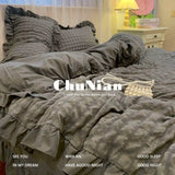 INS Girl Blue Bedding Sets Solid Color Seersucker Ruffles Lace  Kawaii Soft Sheet Woman Duvet Cover Pillow Covers Quilt Cover