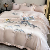 4Pcs New Chinese Style Landscape Embroidery Luxury Bedding Set Silky Duvet Cover Set Soft Quilt Cover Set Bed Sheet Pillowcases