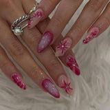 24pcs Pink Almond False Nail Art Datachable Cute Cherry Bow Design Nails Sets Press on Mid-length French Fake Nails Tip Finished