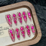 10pcs Full Diamond Handmade Press On Nails Long Stiletto False Nails With Flash Pitaya Color Rhinestone Decor Luxury Almond Nail