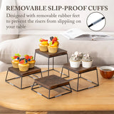 Set of 4 Wood Buffet Risers, Square Retail Food Display Risers for Party, Burnt Wood & Black Metal Wire Pizza Stands for Serving