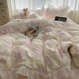 100% Cotton Korean Princess Style Rose Floral Lace Ruffles Bedding Set Duvet Cover Set Flat/Fitted Bed Sheet Pillowcases 4Pcs