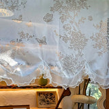 French White Romantic Butterfly Flower Lace Wavy Half Curtain with Beaded Ruffle Design Small Curtain for Kitchen Window, Study