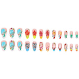24Pcs Mid-length French Almond Press on Nails Tips 3D Colorful Flower Butterfly Insect Fake Nail Rhinestone Reusable False Nails