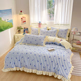 Black Lace Ruffles Korean Bow Decor Bedding Set Duvet Cover Pillowcase Washed Cotton Four-Piece Sets Soft Quilt Cover Bed Sheet