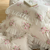 Vintage Lace Ruffles Rose Print Pure Cotton Bedding Set Duvet Cover Set 1.4M/1.5M/1.6M/1.8M/2M Bed Skirt Bedspread Pillowcases