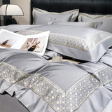 600TC Egyptian Cotton Light Champagne Color Luxury Embroidery Bedding Set Duvet Cover Set Flat/Fitted Bed Sheet Pillowcases 4Pcs