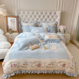Romantic French Vintage Carved Velvet Lace Ruffles Flowers Embroidery Bedding Set Velvet Fleece Duvet Cover Bed Sheet Pillowcase