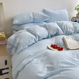 INS Korean Style Fresh Blue Duvet Cover Washed Cotton Bed Sheet Bed Skirt Four-Piece Set Dormitory Simple Solid Color