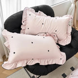 Korean Pink Heart Duvet Cover Sets For Girls New Blue Dot Ruffles Bedding Sets 4PCS Queen Size for Bedroom Guest Room