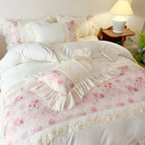 3/4Pcs French Romantic Lace Printed Ruffle Bedskirt Queen Size Quilt Cover Princess Style Boiled Cotton Double Bedding Set