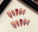 10Pcs Pink Handmade Press on Nails Full Cover Bow Tie Rhinestone Design French Almond Fake Nails Wearable Manicure Nail Tips Art