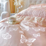 4/6Pcs Pink Butterfly Jacquard Three-layer Lace Ruffles Princess Wedding Bedding Set Duvet Cover Bed Skirt Bedspread Pillowcases