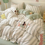 Cute Cartoon Embroidery Stripe Bedding Set Washed Cotton Soft Four Piece Sets Pillowcase Duvet Cover Set 200x230cm Home Textiles