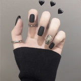 24Pcs/Set Frosted Smoke Black Ripple Wearing Fake Nails Piece Finished Nail Sticker Seamless Removable Full Coverage False Nails