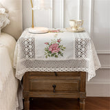 Handmade Crochet Tablecloth Bedside Table TV Safe Cover Towel Printer Lace Hollow Peony Printing Home Decoration Dust Cover