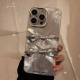 3D Silver Bow Tie Phone Case for IPhone 16 15 14promax 13 12Pro 11 Light Luxury Compatible Full Package Hanging Chain Design