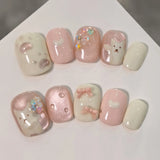 10pcs Short Square Handmade False Nails Tips Fantasy Glitter Cat's Eye Blue Press on Nails Sets Seashell Design Fake Nail Art