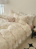 Romantic Spring Pink Cry Floral Cotton Double Layered Four Piece Bedding Set Gentle Aosphere Girl's Lace Trim Bedding