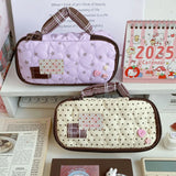 Quilted Pencil Case with Star and Polka Dot Appliques, Heart-Shaped Buttons, Large Capacity Student Stationery Bag, Dual-Use Mak
