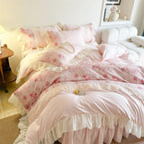 3/4Pcs French Romantic Lace Printed Ruffle Bedskirt Queen Size Quilt Cover Princess Style Boiled Cotton Double Bedding Set