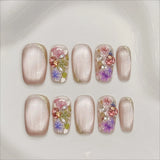10Pcs Sweet Cute Handmade Press on Nails Flower Butterfly Fake Nails Glossy Diamond False Nails Full Cover Acrylic Nail Tips Art