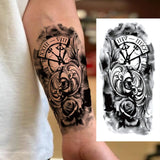1 Sheet Compass Flower Temporary Tattoos For Women Men Adults Skull Lion Owl Tattoo Sleeve Sticker Black Fake