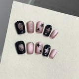 10pcs Handmade Press on Nails Full Cover Sweet Cool Glitter Pink Cat Eye Short Coffin Wearable False Nail with Glue Star Pattern
