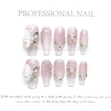 Glitter French False Nails Handmade Cat Eye Nails with Butterfly Pearl Design Pink Coffin Wearable Manicure Full Cover Press On