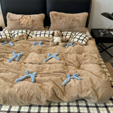 Ikeehome  Adorable  Knot Milk Velvet Four Piece Bedding Set Warm Coral Fce Bed eet Cover Duvet Cover Cute Winter Bed Linens