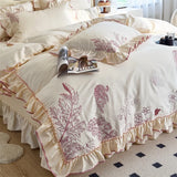 1000TC Egyptian Cotton Flowers Plant Leopard Embroidery Ruffles Bedding Set Duvet Cover Set Flat/Fitted Sheet Pillowcases 4Pcs