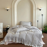 4Pcs Vintage French Floral Large lace Ruffles 100% Cotton Double Yarn Bedding Set Duvet Cover Flat/Fitted Bed Sheet Pillowcases