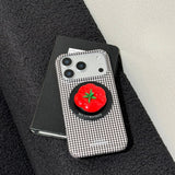 Creative Magnetic Black White Lattice Pattern Phone Case with Tomato Bracket for iPhone 17 16 15 Pro Max Shockproof Back Cover