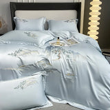 4Pcs New Chinese Style Landscape Embroidery Luxury Bedding Set Silky Duvet Cover Set Soft Quilt Cover Set Bed Sheet Pillowcases