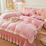 Korean Luxury Lace Ruffles Bedding Set Skin-Friendly Washed Cotton Princess Style Duvet Cover Bed Sheet Pillowcase Home Textiles