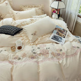 Premium Egyptian Cotton Flowers Embroidery Lace Ruffles Princess Bedding Set Duvet Cover Set Flat/Fitted Sheet Pillowcases 4Pcs