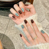 10Pcs Short Ballet Full Cover Nail Tips Blue Grid Pattern Design Handmade Fake Nails Wearable Simple Square Press on False Nails