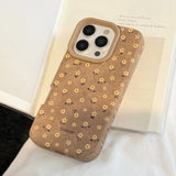 Retro Autumn Full Screen Yellow Flowers Suede Leather Texture Phone Case for iPhone 16 15 14 13 12 11 Pro Max Shockproof Cover