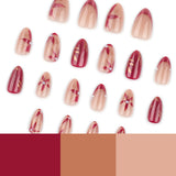 Medium Almond Press On Nails Rose Gold Cat Eye Fake Nails with 3D Flower Leaf False Nails Pearl Glossy Reusable Glue On Nails