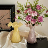 Modern Pastel Pink Yellow Glass Vase Wavy Ruffled Mouth Floral Vase for Living Room Kitchen Table Home Display Ornament