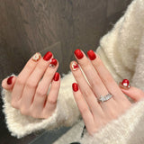 10pcs Handmade False Nail Tip Christmas Cute Red Cat's Eye Short Square Round Press on Nails Art Snowflake Tree Design Fake Nail