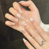 10Pcs Snake Rhinestone Press on Nails Pink Gradient Press on Fake Nails Cat Eye Almond False Nails 3D Carve Flower Nail Art Tip