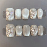 10Pcs Short Handmade Press on Nails Full Cover White Rhinestone Butterfly Cat Eye French Square Wearable Artificial False Nails