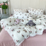 Princess Floral Bedding Set Lace Romantic Rose Flat Fitted Sheet With Orange Pillowcases Soft Polyester Full Size For Women Girl