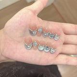 10Pcs Cute Cat Eye Almond Fake Nail Blue Shiny with Small Rhinestone Nail Art Nude Color Short Oval Finished Artificial Manicure