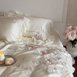 Flowers Embroidery Lace Ruffles Wedding Bedding Set Lyocell Silky Cooling Duvet Cover Set Flat/Fitted Bed Sheet Pillowcases 4Pcs